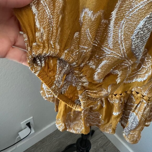 Anthropologie Maeve Flowy Mini Dress Tie Neck Long Cuffed Sleeve Gold Metallic L - Picture 8 of 16